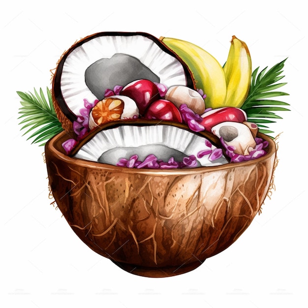 Photo there is a coconut bowl with fruit and vegetables in it generative ai