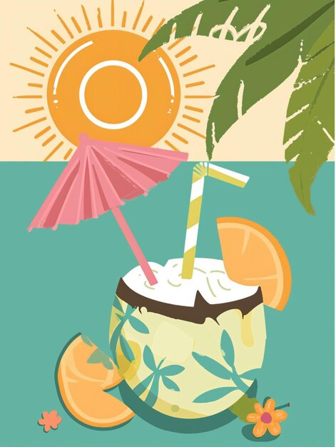Foto c'è una bevanda di cocco con una cannuccia e un ombrello generativo ai