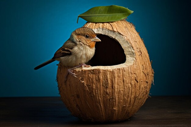 There is a coconut with a bird on top of it