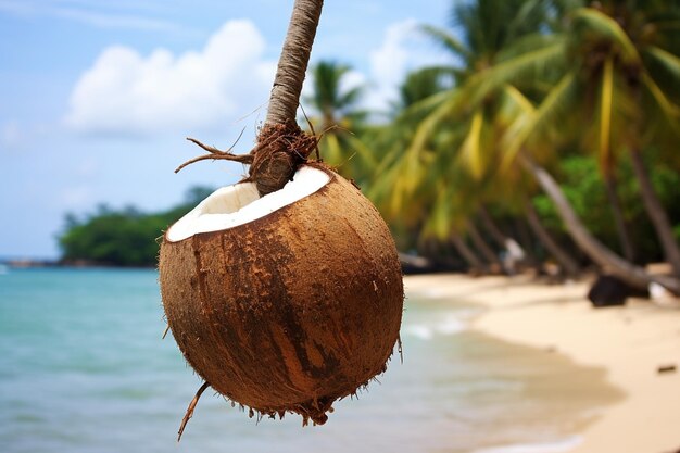 There is a coconut with a leaf on the top of it