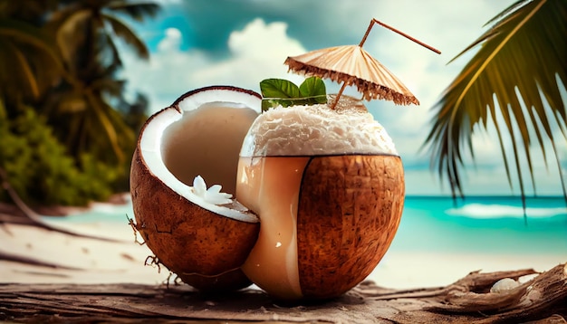 There is a coconut with a straw and a umbrella on the beach generative ai