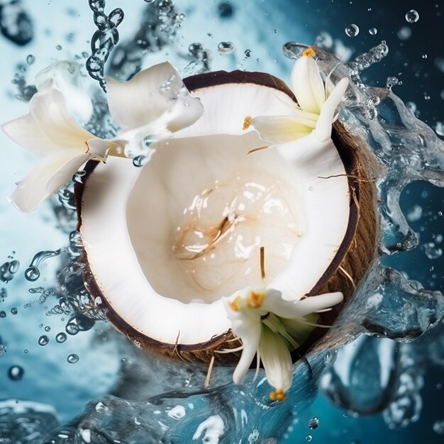 Photo there is a coconut with water and flowers in it generative ai