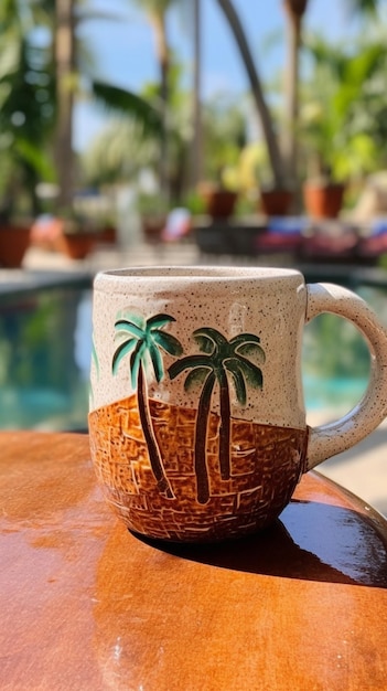 there is a coffee cup with a palm tree on it generative ai