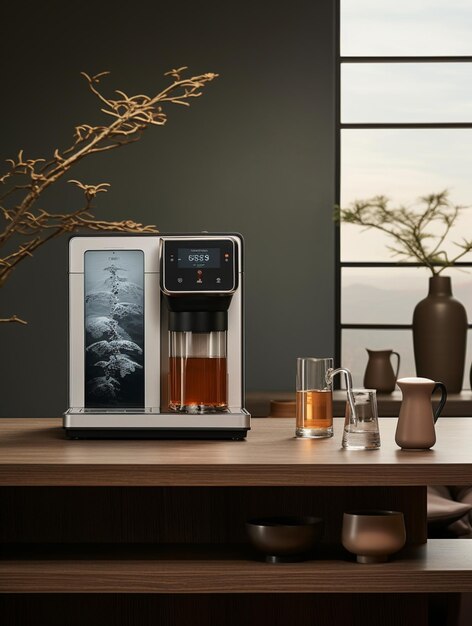 There is a coffee maker on a table with a glass of water generative ai