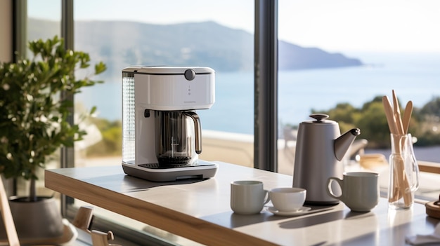 there is a coffee maker on a table with a view of the ocean generative ai