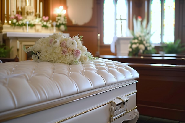 Photo there is coffin with the body of deceased in funeral chapel of remembrance at funeral ceremony ai