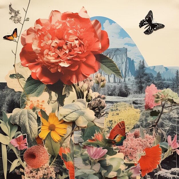 there is a collage of flowers and butterflies on a wall generative ai