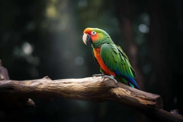 숲 생성 AI의 나뭇가지에 다채로운 새가 앉아 있습니다.