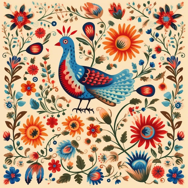 Photo there is a colorful bird sitting on a floral pattern generative ai