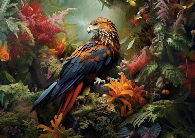 There is a colorful bird sitting on a tree branch in a garden generative ai