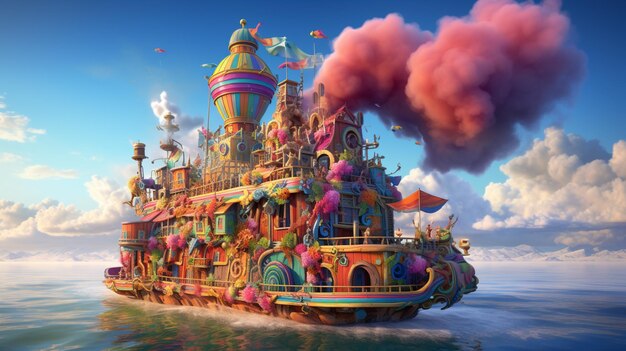 Foto c'è un castello colorato che galleggia nell'acqua con un sacco di fumo generativo ai