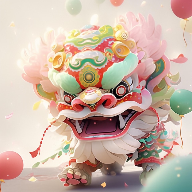 there is a colorful dragon statue with balloons in the background generative ai