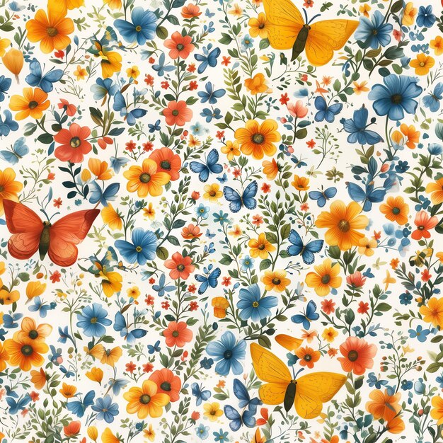 there is a colorful floral pattern with butterflies on it generative ai