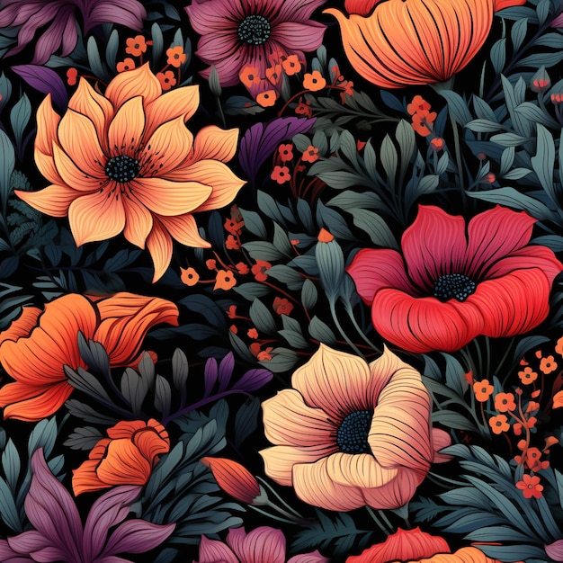 Foto c'è un colorato disegno floreale con fiori arancione e viola generativo ai