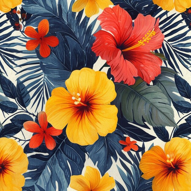 Photo there is a colorful flower pattern with leaves and flowers on it generative ai