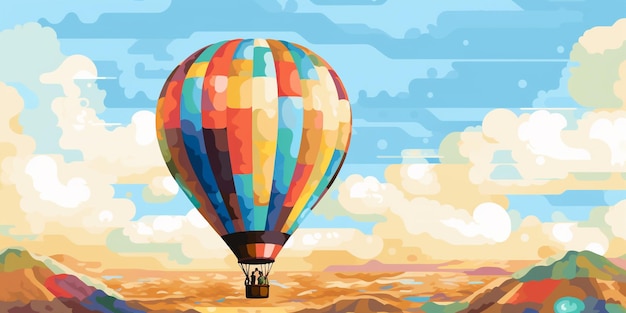 山脈の上空をカラフルな熱気球が飛んでいる生成AI