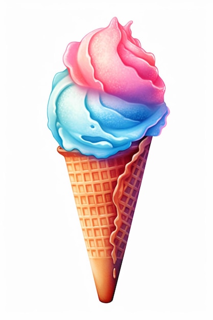 ピンクとブルーのトッピングが施されたカラフルなアイス クリーム コーンがあります。生成 AI