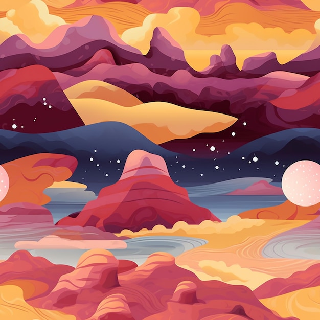 There is a colorful landscape with mountains and a lake in the middle generative ai