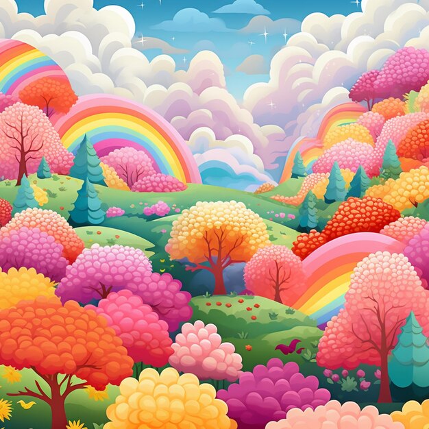 There is a colorful landscape with trees and rainbows in the sky generative ai