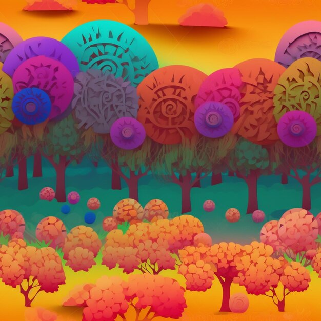 There is a colorful landscape with trees and a sun in the sky generative ai