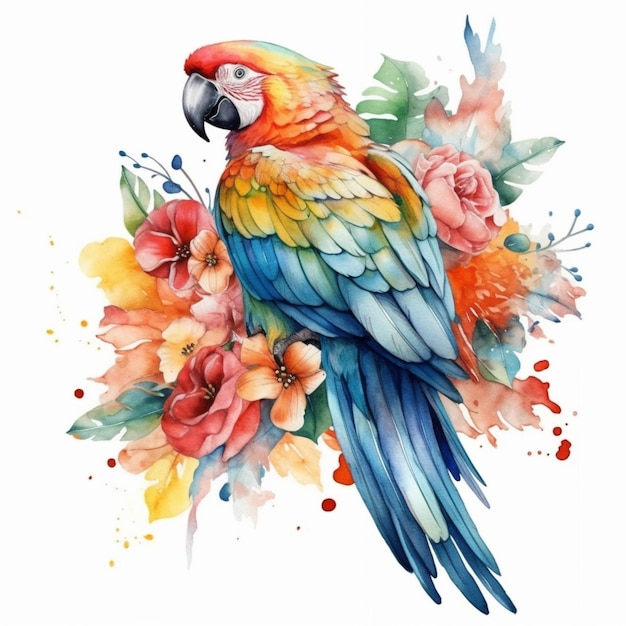 there is a colorful parrot sitting on a branch with flowers generative ai