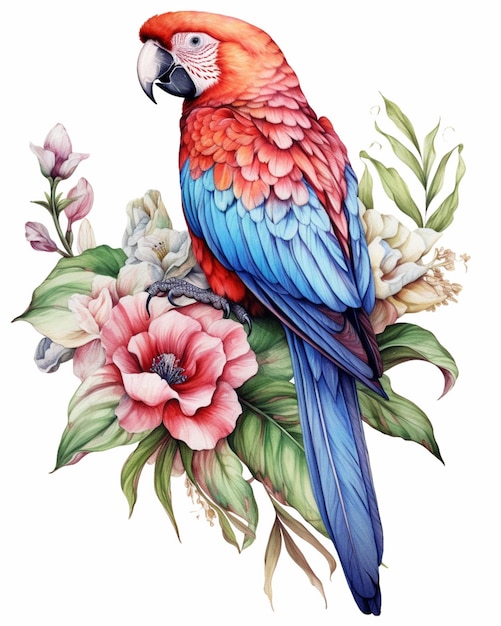 There is a colorful parrot sitting on a branch with flowers generative ai