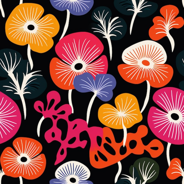 there is a colorful pattern of flowers on a black background generative ai