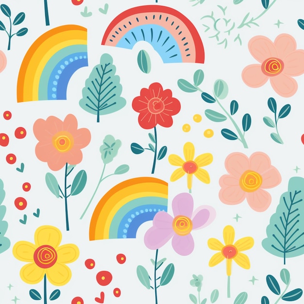 There is a colorful pattern with flowers and rainbows on it generative ai