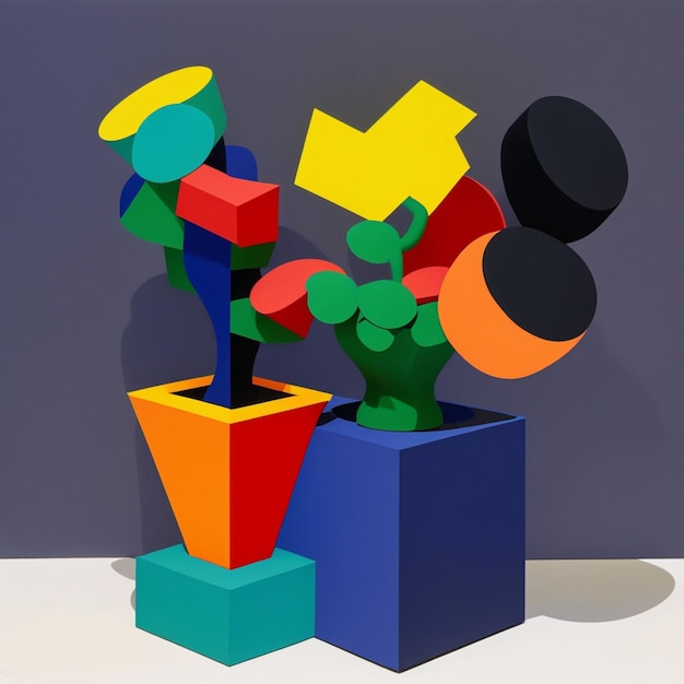 There is a colorful sculpture of a man and a plant in a pot generative ai