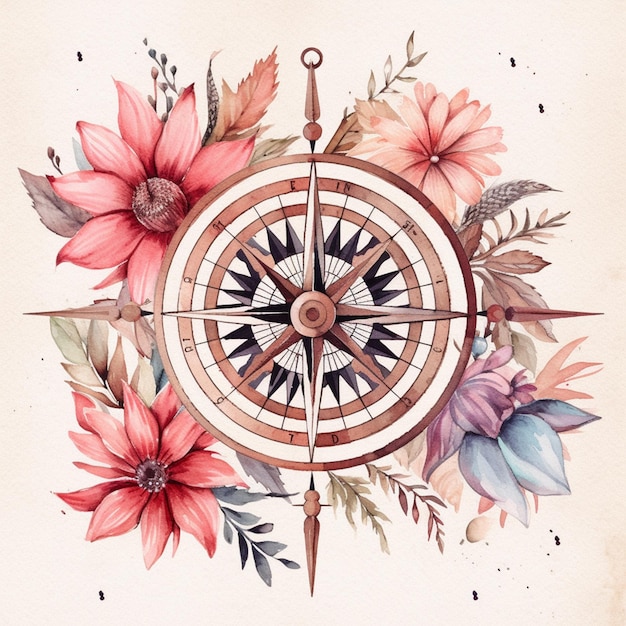 There is a compass with flowers and leaves on it generative ai