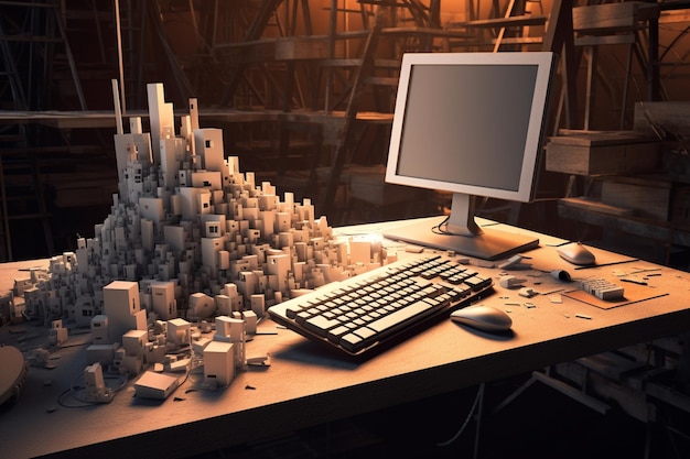 There is a computer on a desk with a keyboard and a monitor generative ai