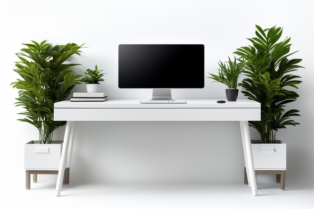 there is a computer on a desk with a plant in a pot generative ai