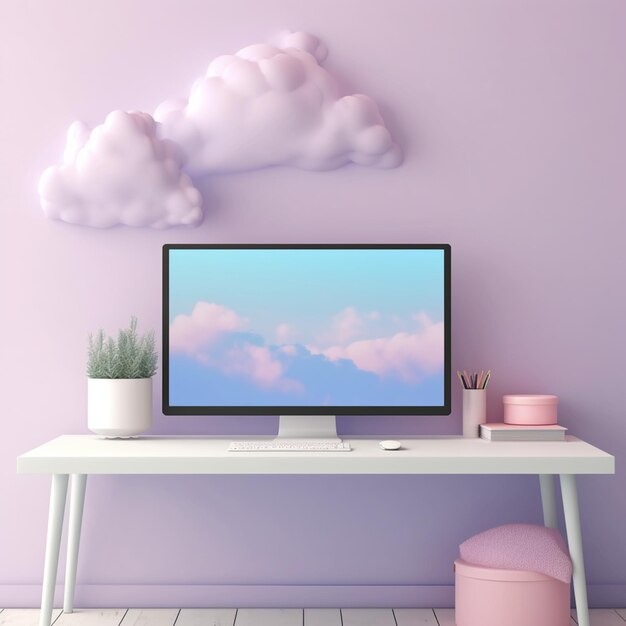 there is a computer monitor on a desk with a pink chair generative ai