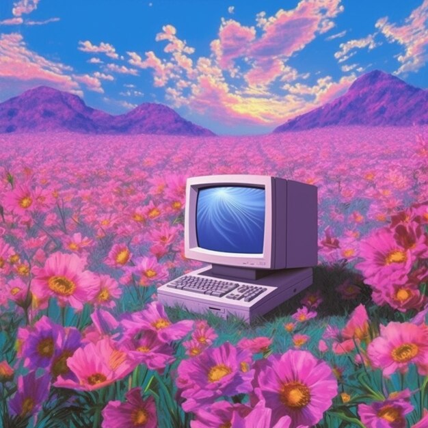 There is a computer sitting in a field of flowers generative ai