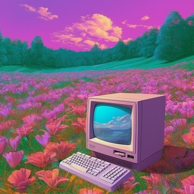 There is a computer sitting in a field of flowers generative ai