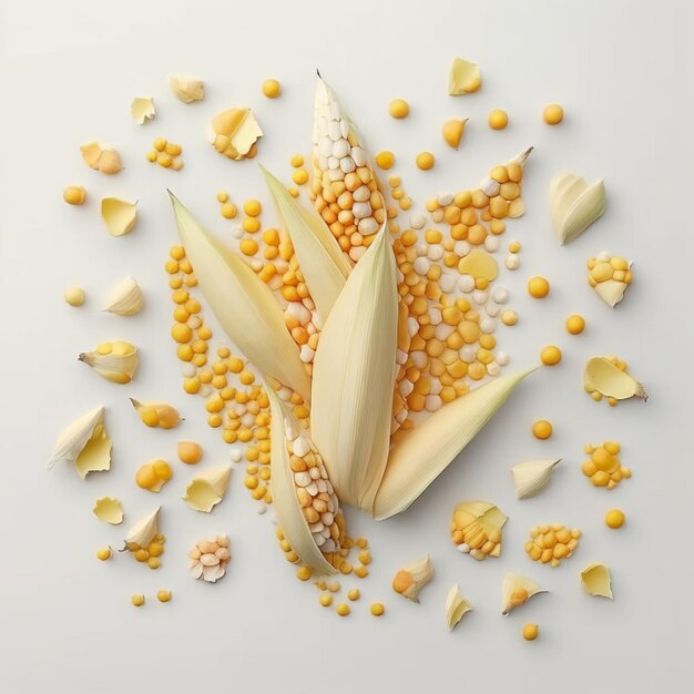 There is a corn and some yellow beans on a white surface generative ai