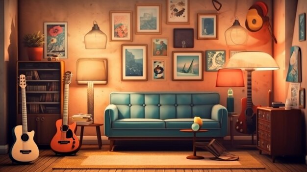 There is a couch and guitar in a living room with pictures on the wall generative ai