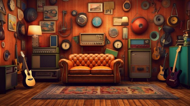 There is a couch and a guitar in a room with a lot of guitars generative ai