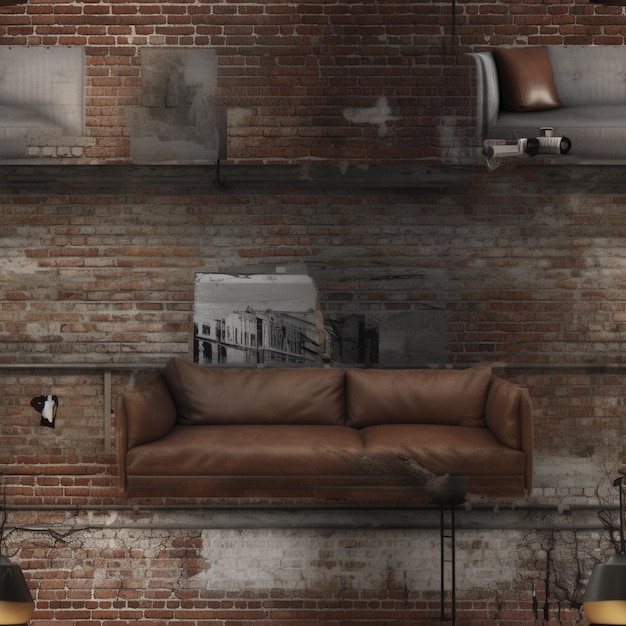 Photo there is a couch and a lamp in a room with brick walls generative ai