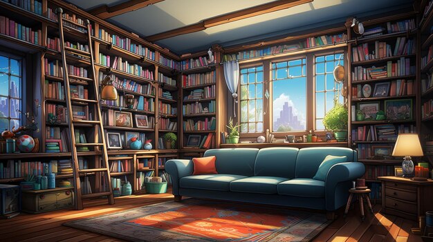 there is a couch in a room with a book shelf generative ai