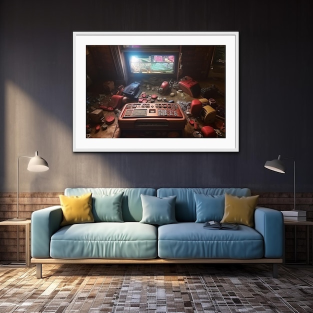 there is a couch in a room with a picture on the wall generative ai