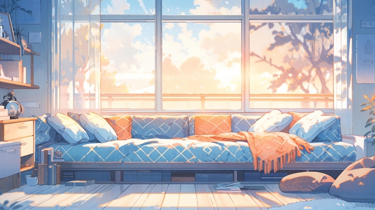 Photo there is a couch in a room with a window and a rug generative ai