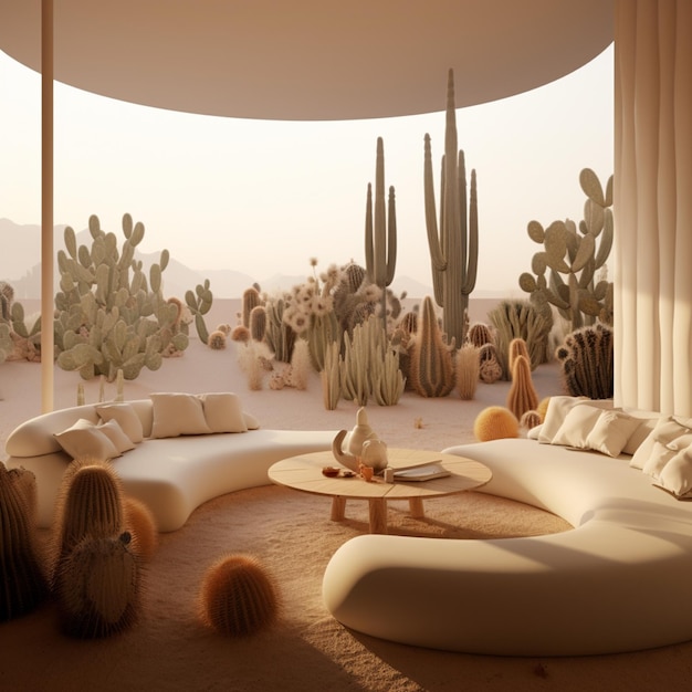 Photo there is a couch and a table in a desert setting generative ai