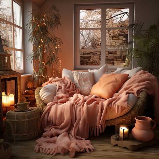 Photo there is a couch with a blanket and a candle on it generative ai