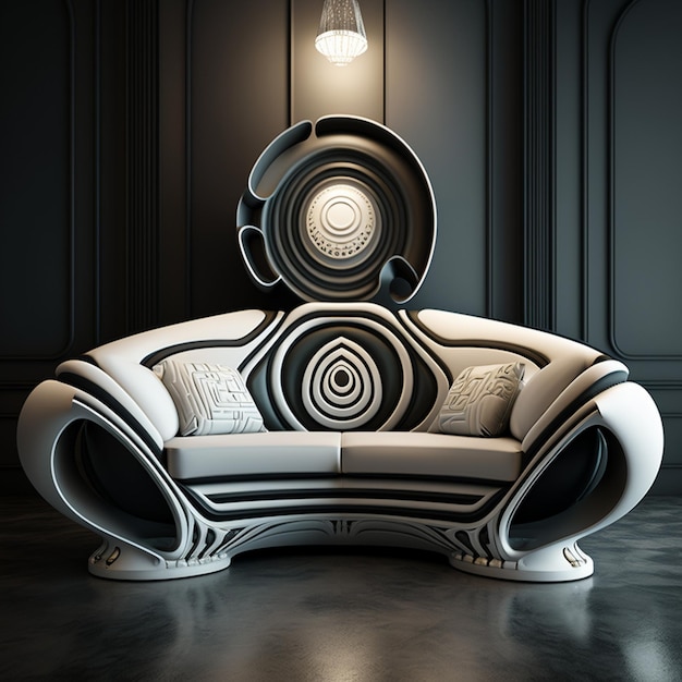 There is a couch with a circular design on it in a room generative ai