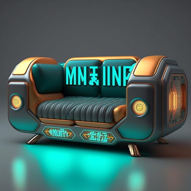 There is a couch with a neon sign on it that says mint generative ai