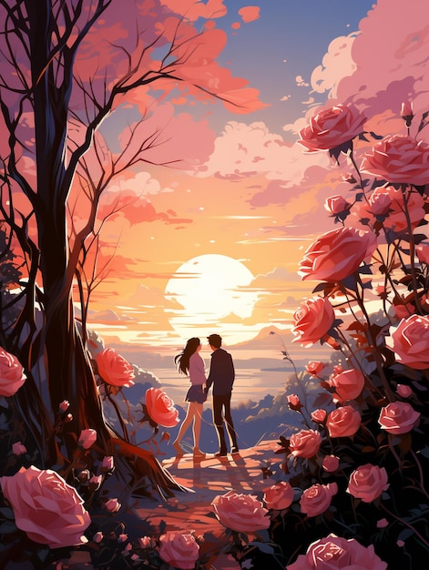 there is a couple standing in a field of flowers at sunset generative ai