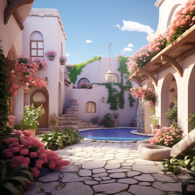 there is a courtyard with a pool and a fountain with flowers generative ai