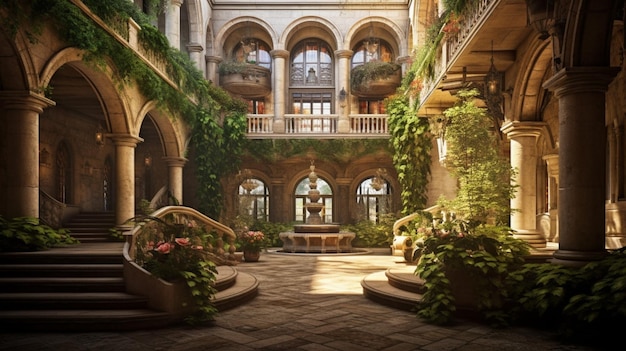 There is a courtyard with a staircase and a fountain in it generative ai