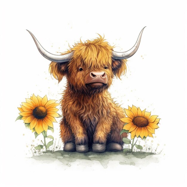 there is a cow sitting in the grass with sunflowers generative ai